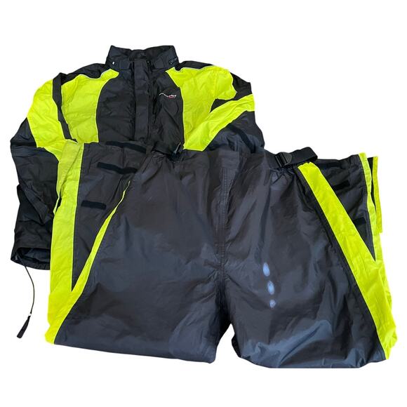 Olympia Moto Sports Rain Suit 2XL Black Hi-Viz Jacket Pants EZ Pack Hood - Picture 1 of 16